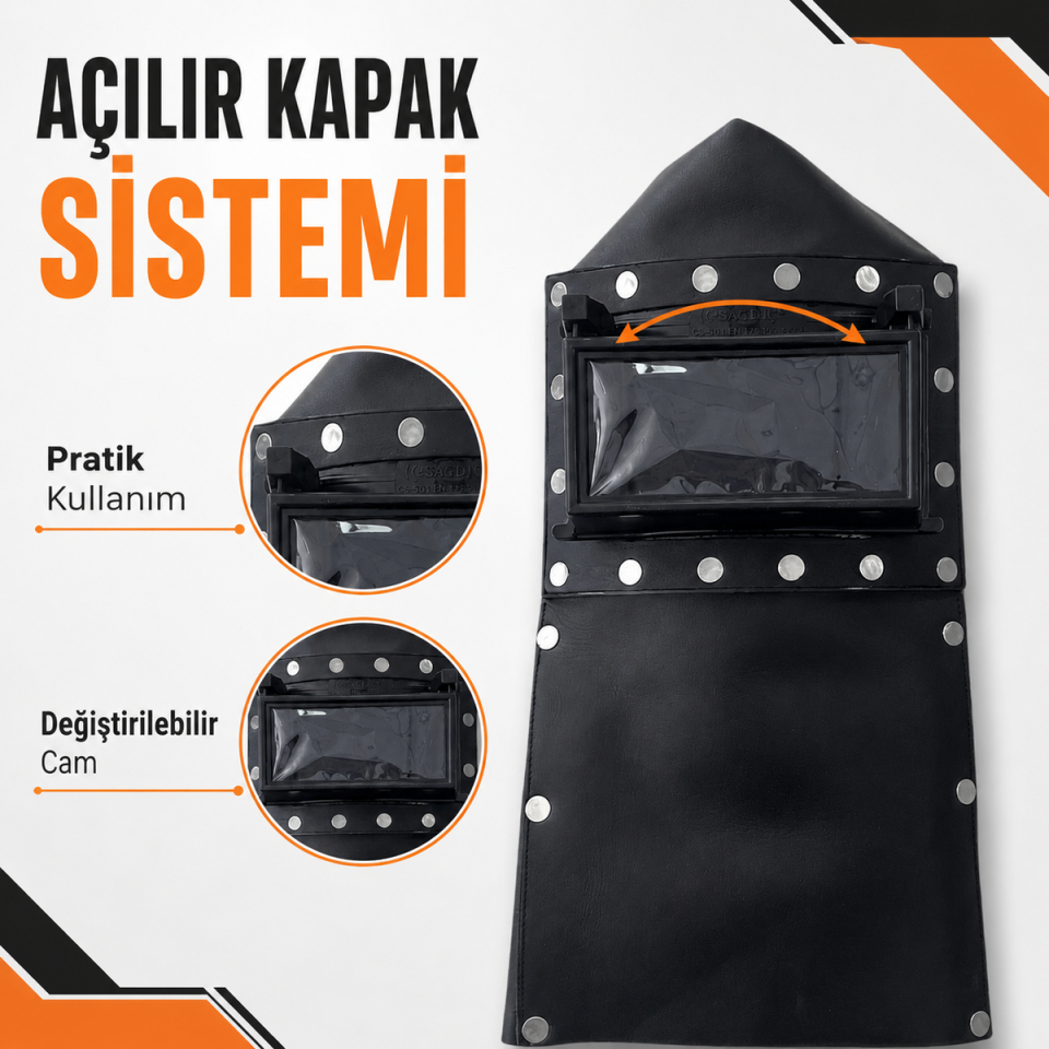 SAĞDIÇ Gerçek Deri Kapaklı Kaynakçı Baş Maskesi – Açılır Kapaklı