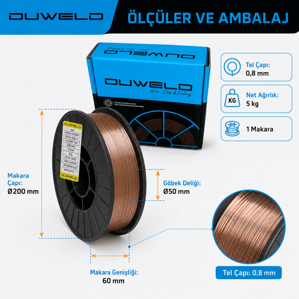 DUWELD SG2 0,8 mm 5 kg MIG/MAG Gazaltı Kaynak Teli Küçük Makara