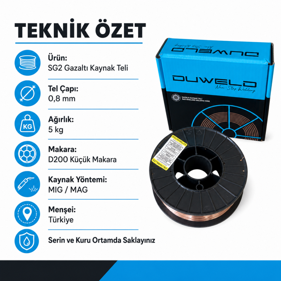 DUWELD SG2 0,8 mm 5 kg MIG/MAG Gazaltı Kaynak Teli Küçük Makara