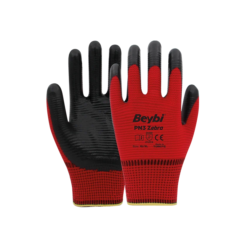 Beybi PN3 Zebra Polyester Örme Nitril Eldiven - NO: 10 - Kırmızı\Siyah 12 Adet